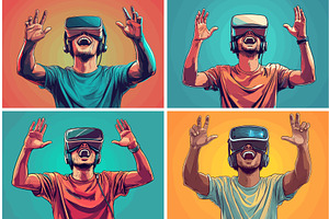 Man raising hands vr headset virtual, a Technology Illustration by Onyx