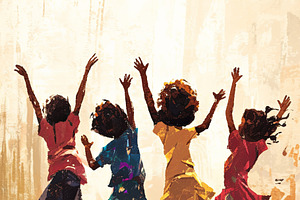 Group of cheerful children jumping outdoors on a bright and lively day, an Illustration by AS photostudio