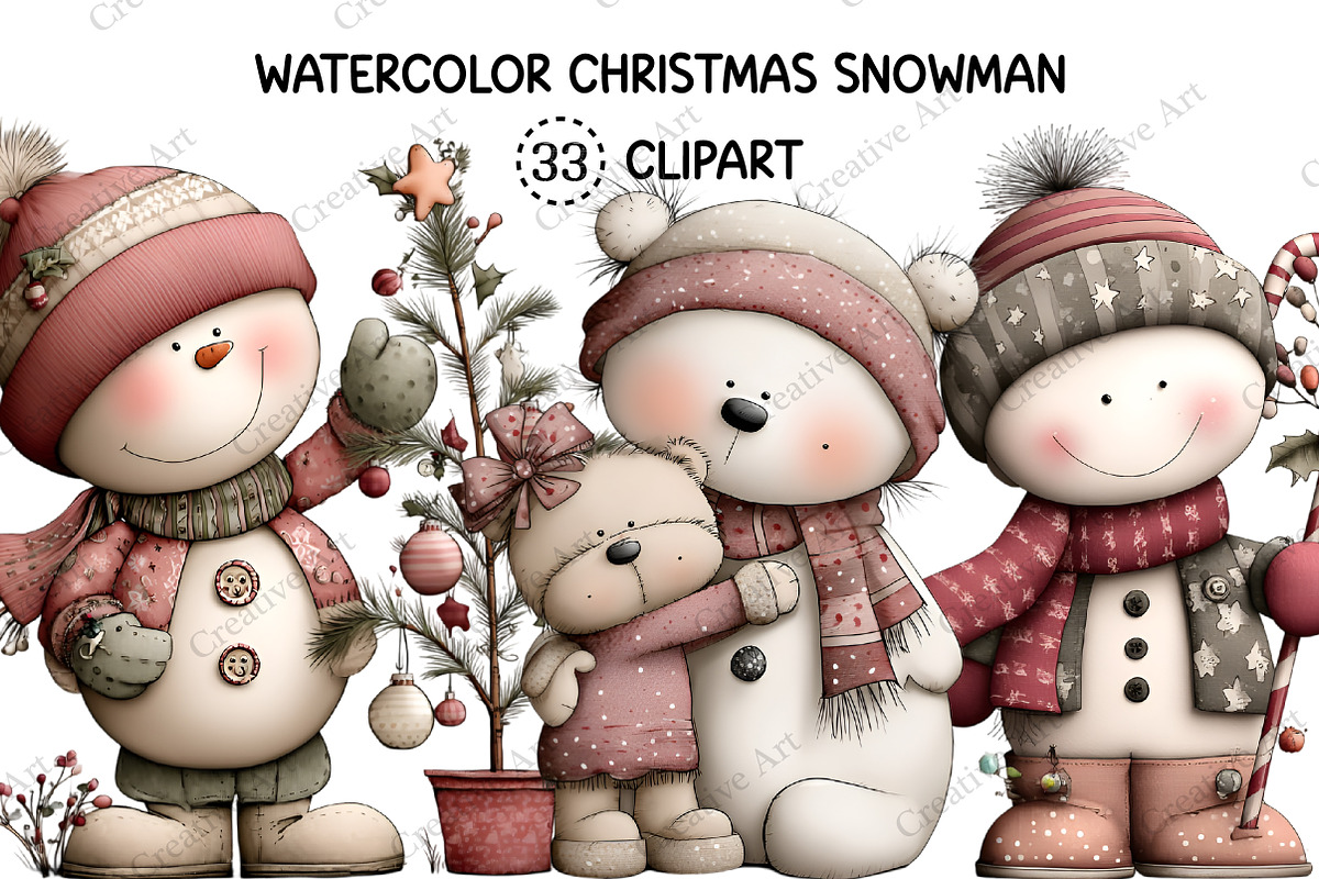 Watercolor Christmas Snowman Clipart, an Illustration by Creative Art (Photo 1 of 10)