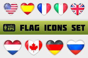 Glass Heart Flag Icons Set