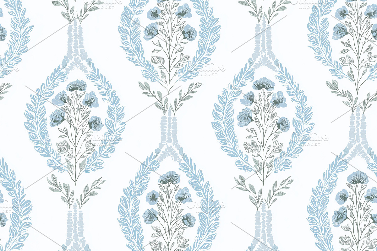 Seamless pattern, seamless floral damask pattern with light blue, a ...