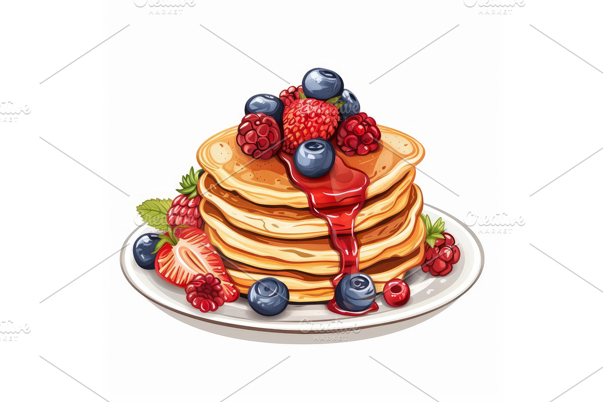 Stack of pancakes with syrup and, a Food Illustration by Ylivdesign