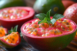 Vibrant display of juicy red watermelon with mint leaves, showca, a Food & Drink Photo by ImageMir