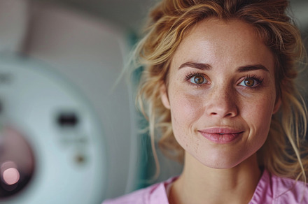 Portrait of smiling female patient looking at camera in x-ray ro, a Health & Medical Photo by AS photostudio