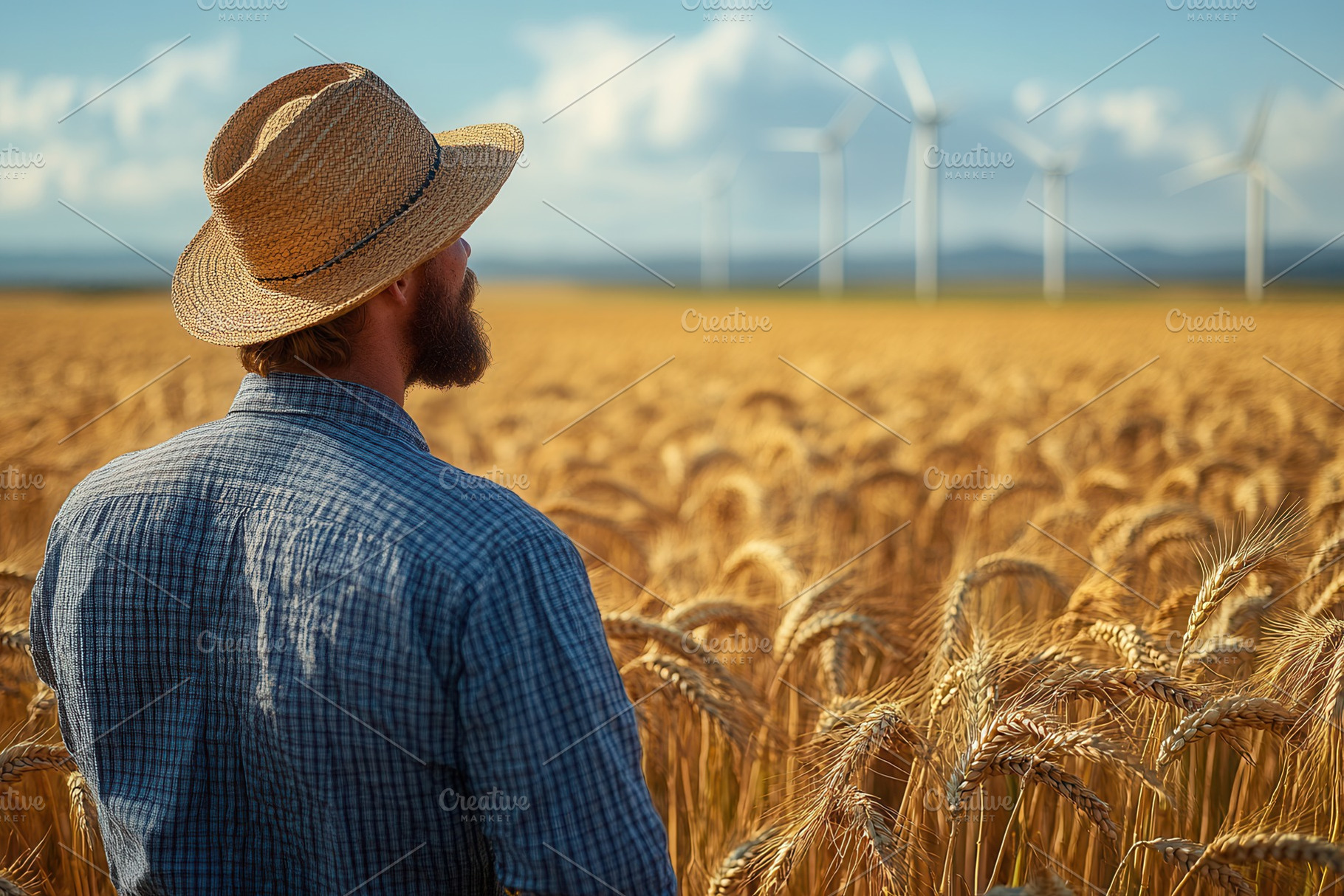 Farmer observing golden wheat field, a Photo by Tanuart