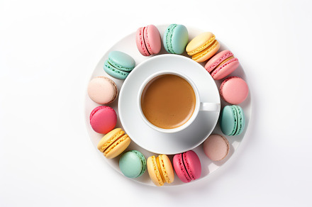 Colorful macarons with cup of coffee on white background, a Food & Drink Photo by AlyaAnd