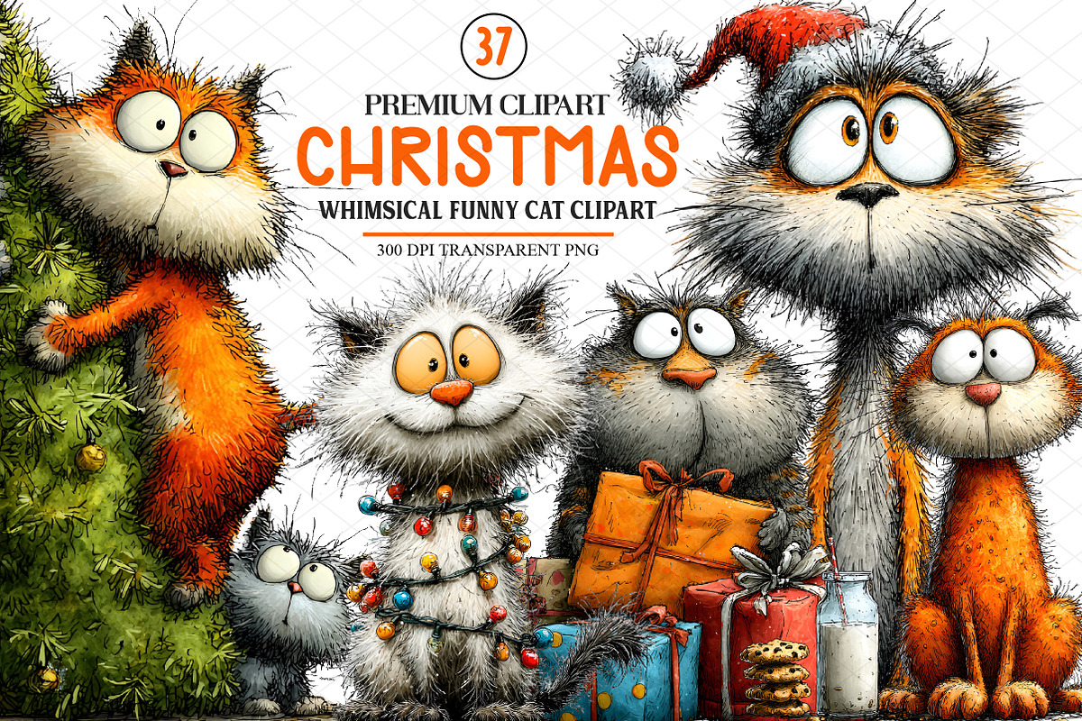 Christmas Funny Cat Clipart, an Animal Illustration by cherrydesign (Photo 1 of 4)