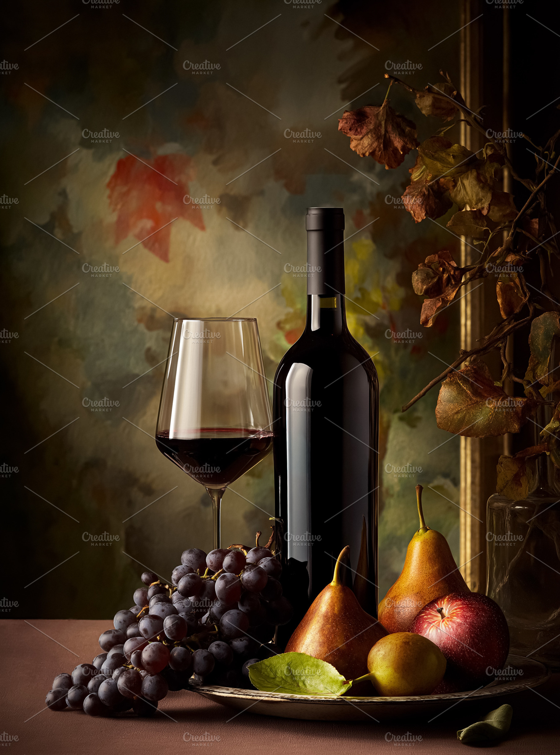 Red wine bottle and glass with fresh fruits, grapes, and pears depicting autumn, a Food & Drink Photo by Studio ANNA