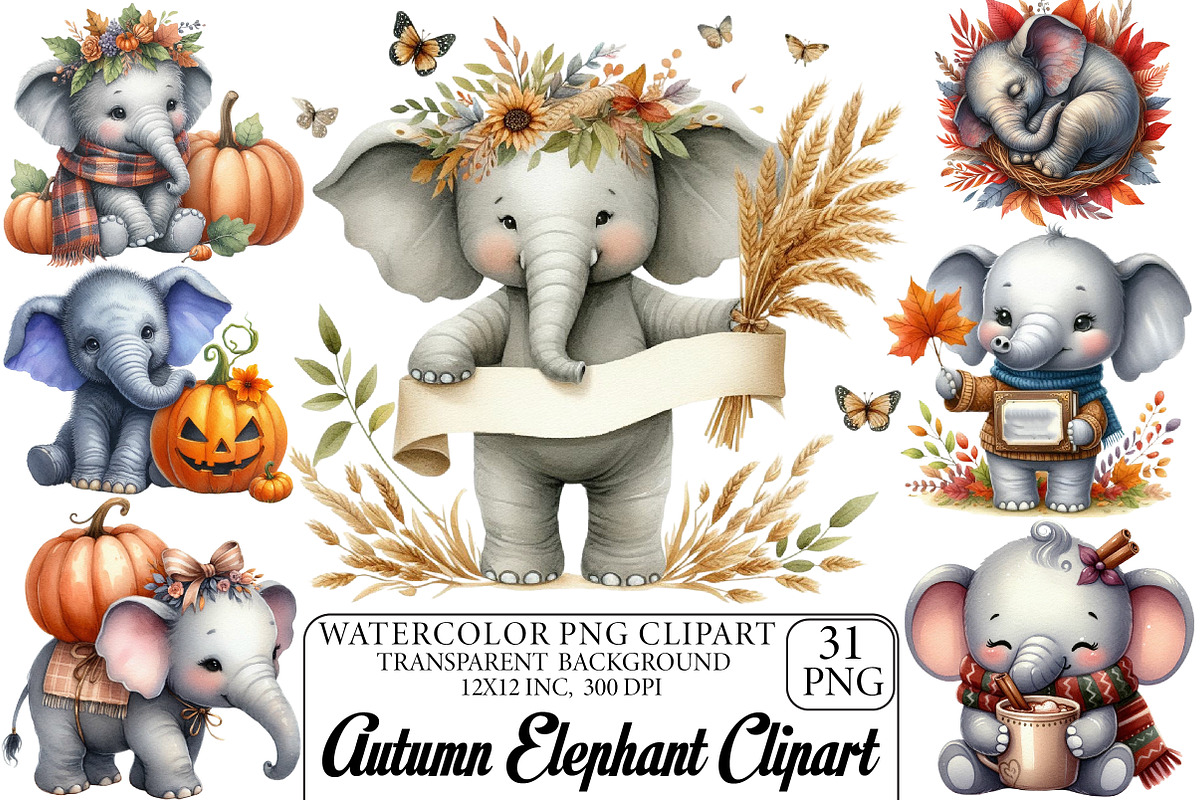 Watercolor Autumn Elephant Clipart, an Illustration by DreamPrint404 (Photo 1 of 6)