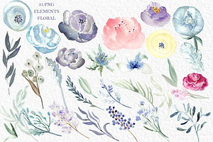 Soft Blue Peonies Watercolor Clipart