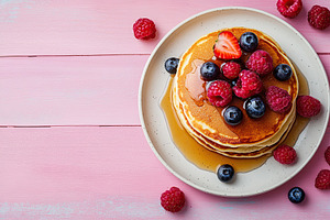 Delicious stack of pancakes topped with fresh berries and syrup on a pink plate, a Food & Drink Photo by AlyaAnd