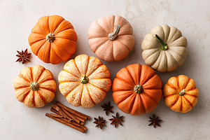 Colorful assortment of pumpkins with cinnamon sticks and anise on a light backg, a Holiday Photo by AlyaAnd