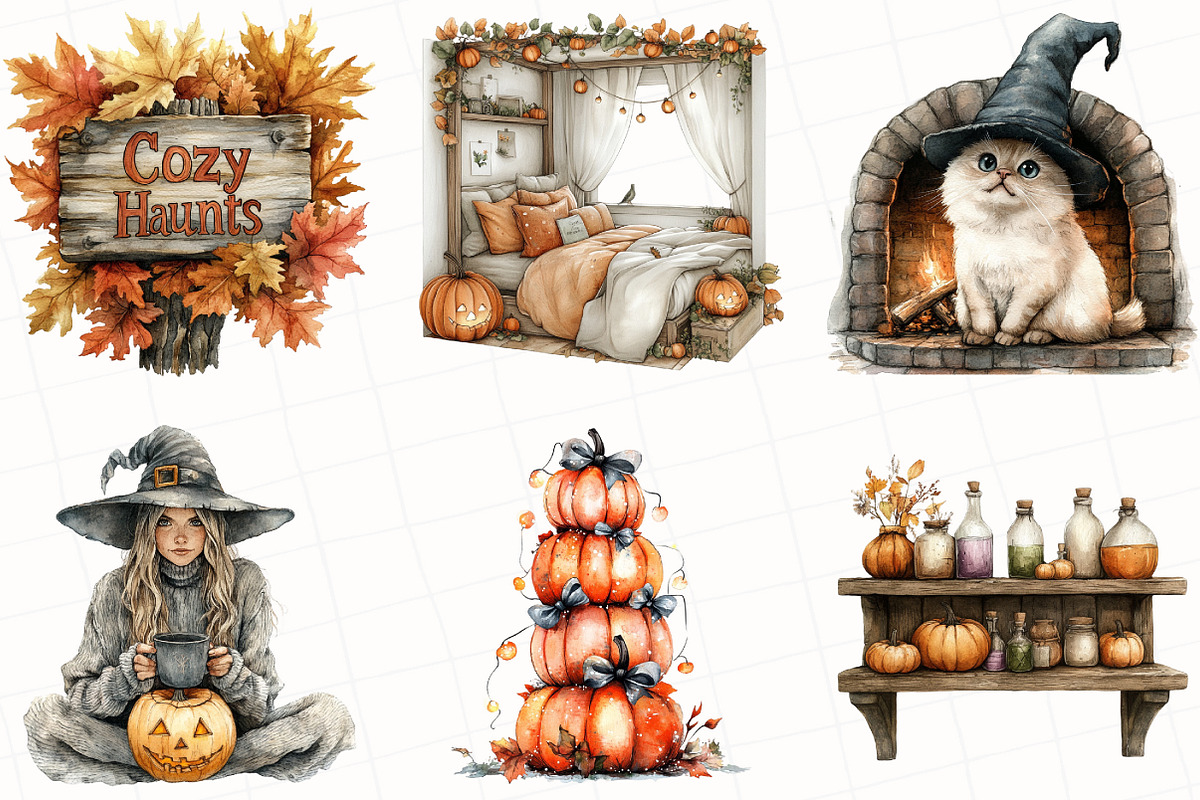 Watercolor Cozy Halloween Clipart, an Illustration by OK Design (Photo 4 of 5)
