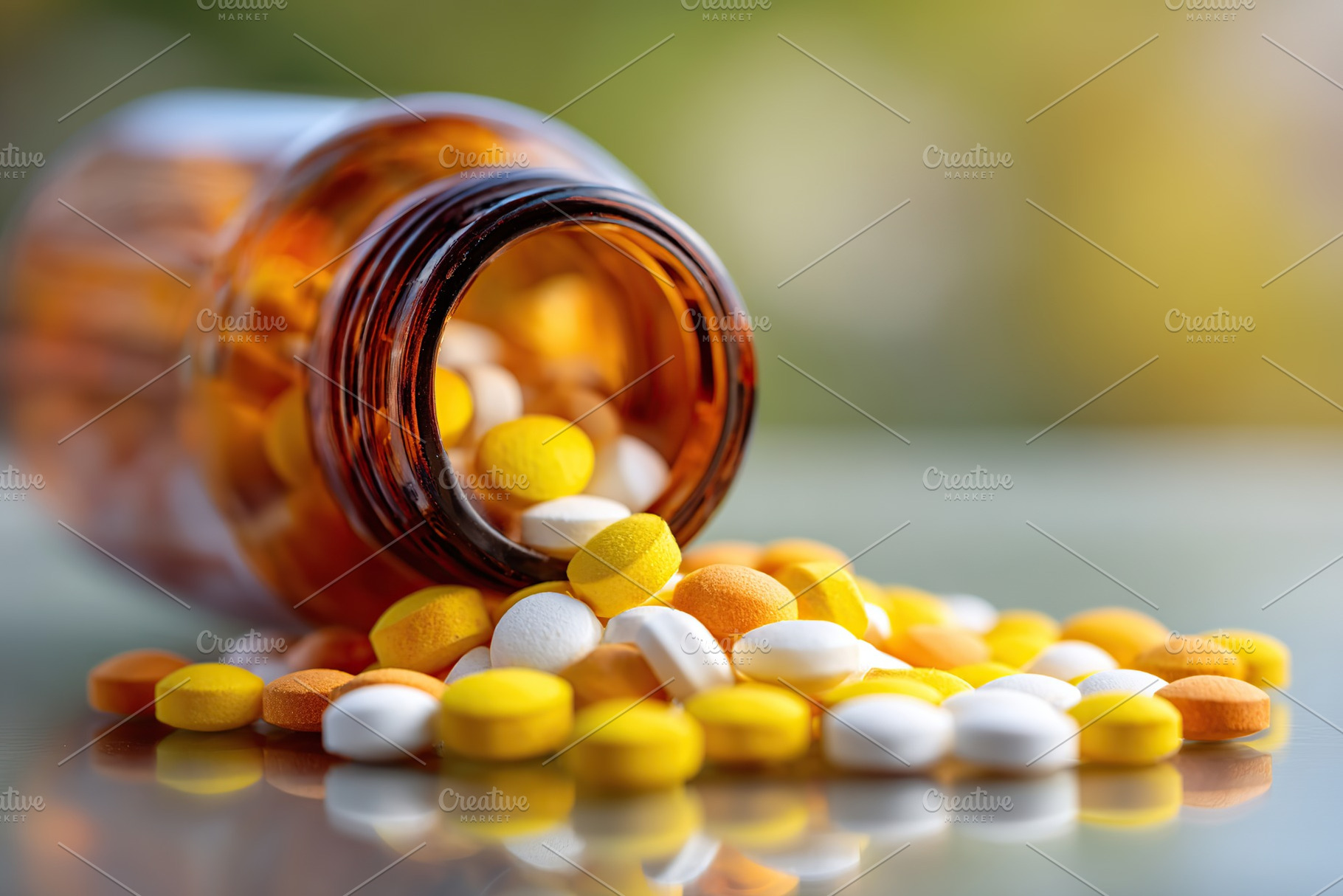Close-up view of a brown pill with varied colored tablets scattered around in n, a Photo by AlyaAnd
