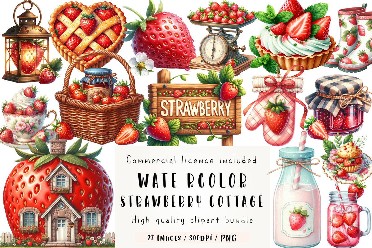 Strawberry Cottage PNG Clipart Bundl, an Illustration by CreationArt (Photo 1 of 5)
