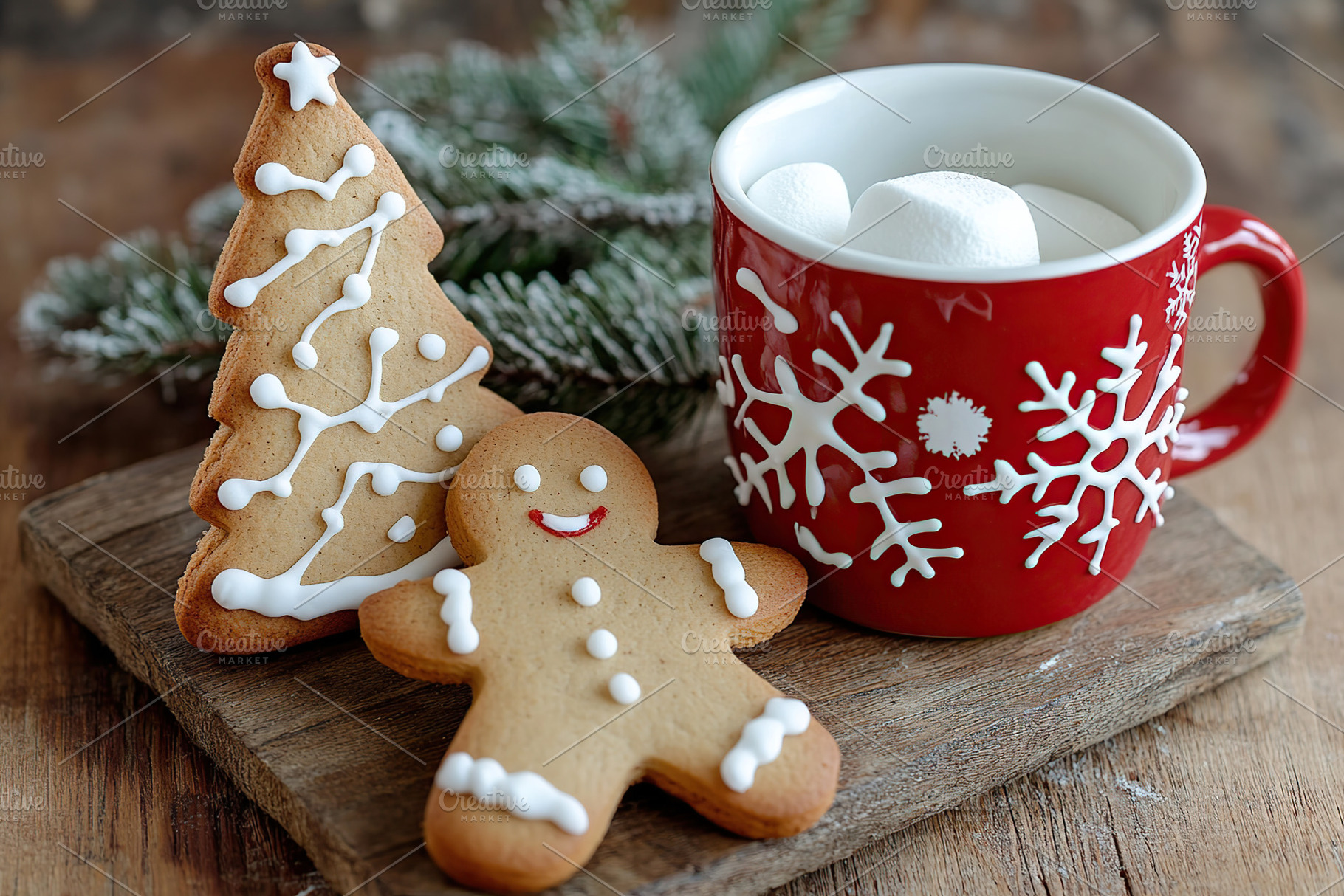 Christmas gingerbread man cookie and red cup with white marshmal, a Food & Drink Photo by AlyaAnd