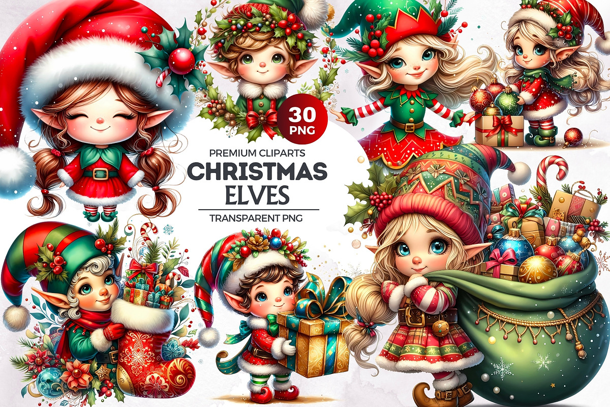 Christmas elves Clipart Set, a Seasonal Illustration by ThatsDesignArt (Photo 1 of 10)