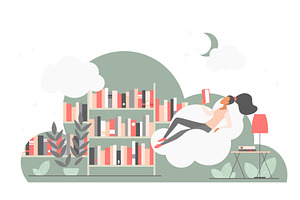 Woman reading book cloud library, an Object Illustration by Lemberg Vector