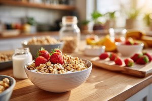 Delicious granola topped with fresh strawberries on a wooden kitchen table in m, a Food & Drink Photo by AlyaAnd