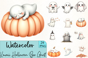 Kawaii Halloween Boo Ghost Clipart, an Illustration by CrexoraLab