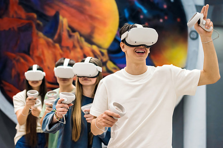 A team of friends playing VR