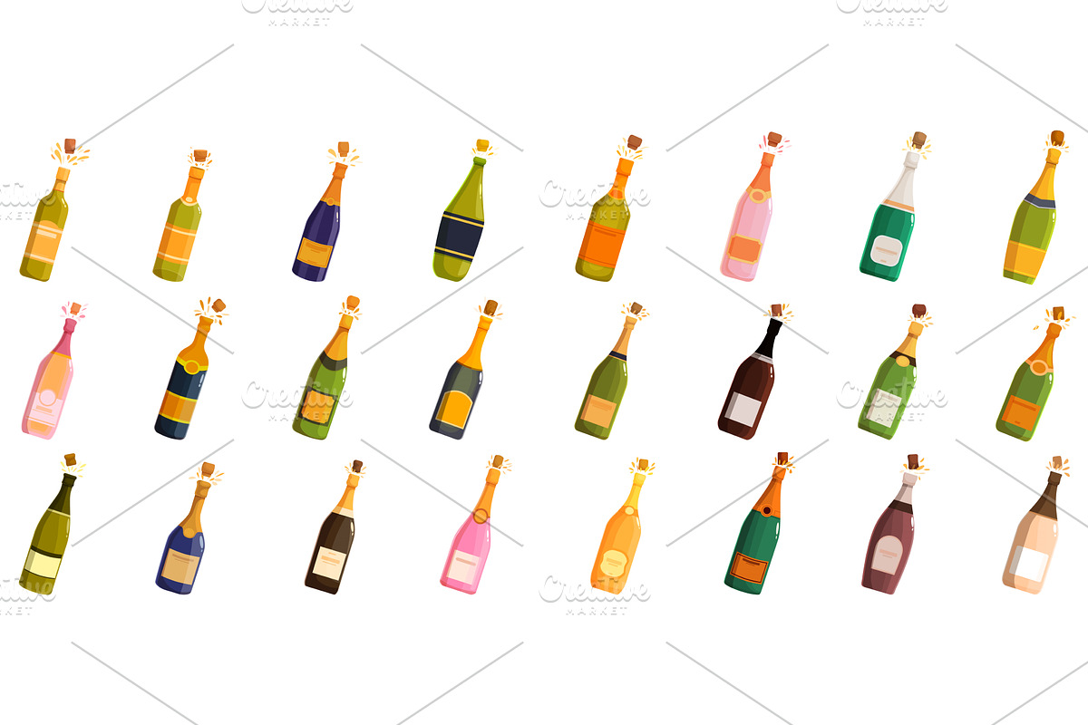 Champagne explosion vector. A row of, a Food Illustration by Ylivdesign