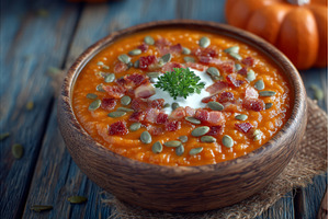 Pumpkin cream soup is garnished with, a Food & Drink Photo by ZinetroN