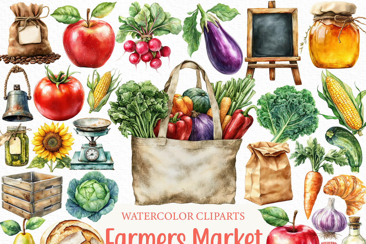 Watercolor Farmers Market Clipart, an Illustration by Craft Nest (Photo 1 of 6)