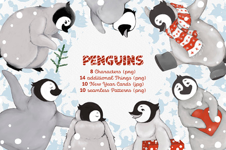 Penguins. Christmas cards, patterns