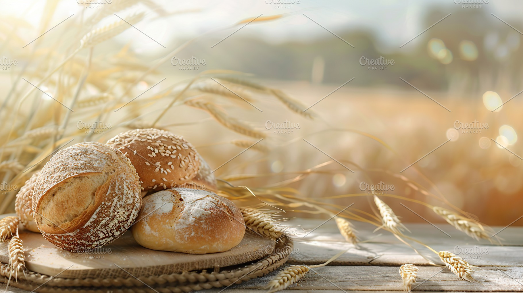 Fresh baked bread on table on wheat field background, a Food & Drink Photo by AlyaAnd