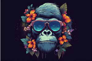 Monkey Summer Flowers. Generate Ai