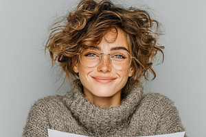 Smiling young woman wearing glasses and sweater expressing joy and confidence, a Photo by AS photostudio