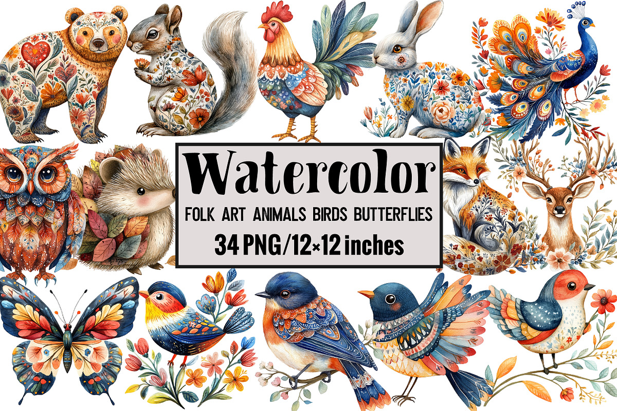 Folk Art Animals Birds Butterflies, an Illustration by Design Market (Photo 1 of 3)