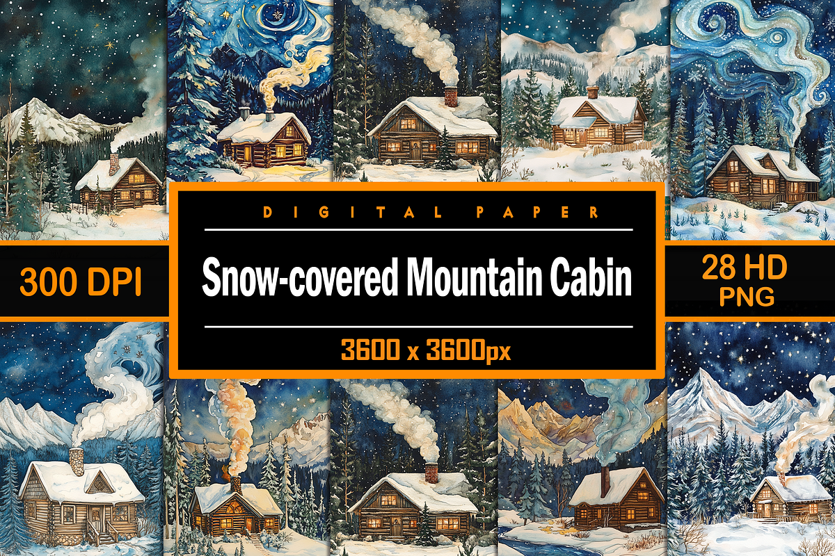 Vintage Snow-covered Mountain Cabin, a Background Graphic by Printable Treasure (Photo 1 of 8)