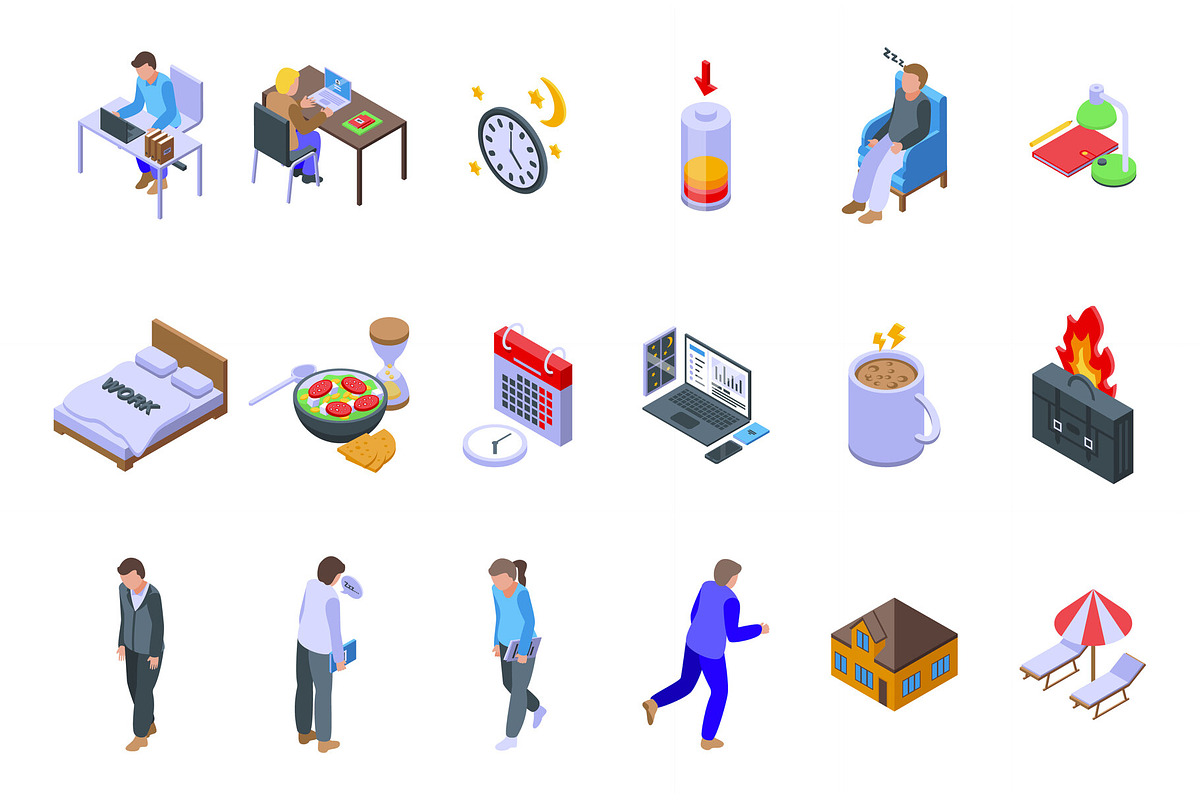 Late work icons set isometric, a Person Illustration by Ylivdesign