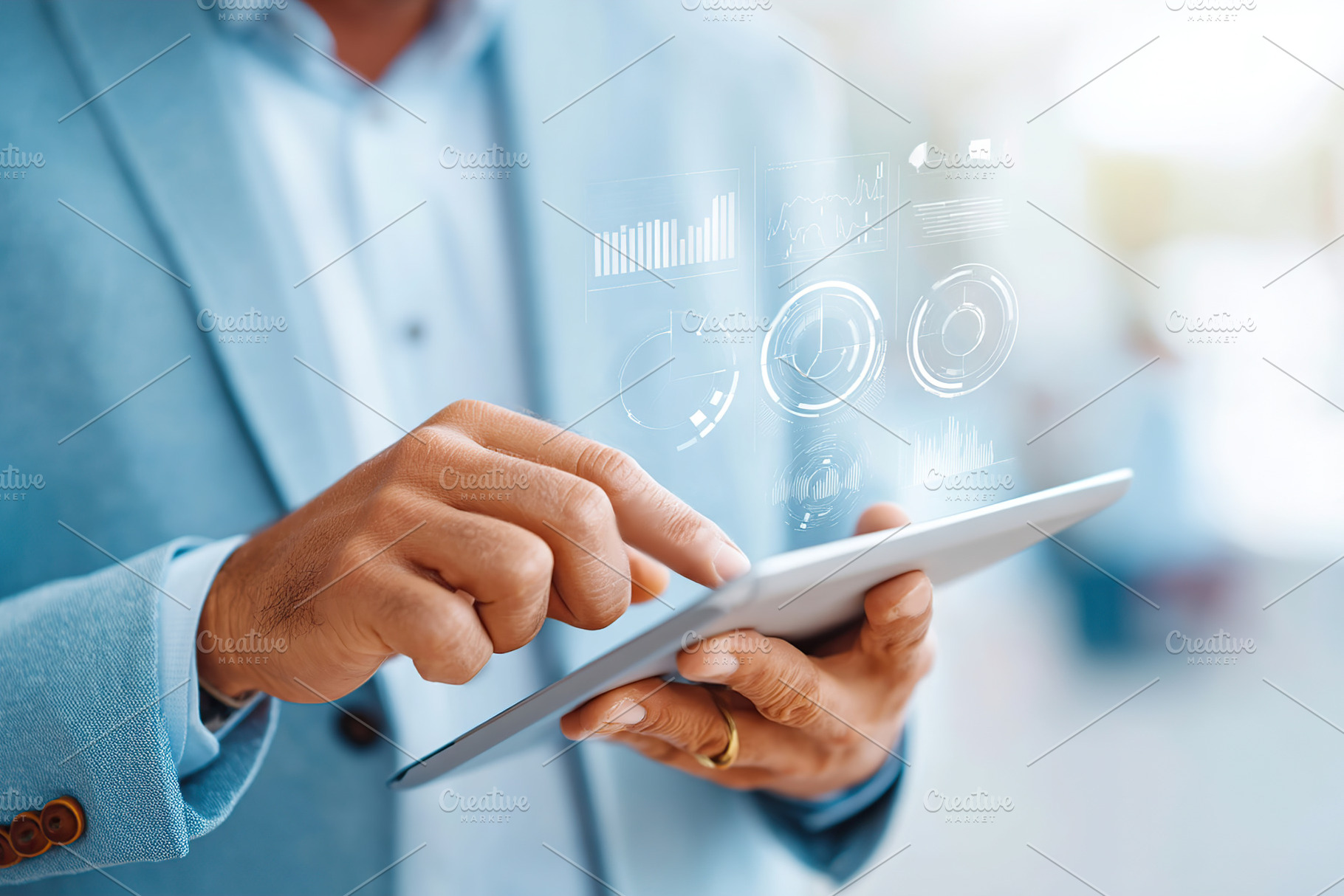 Modern professional interacts with holographic technology on tablet device, a Business Photo by AlyaAnd