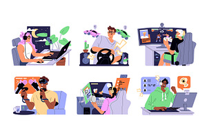 Gamers playing computer games set, an Illustration by PaperTrident
