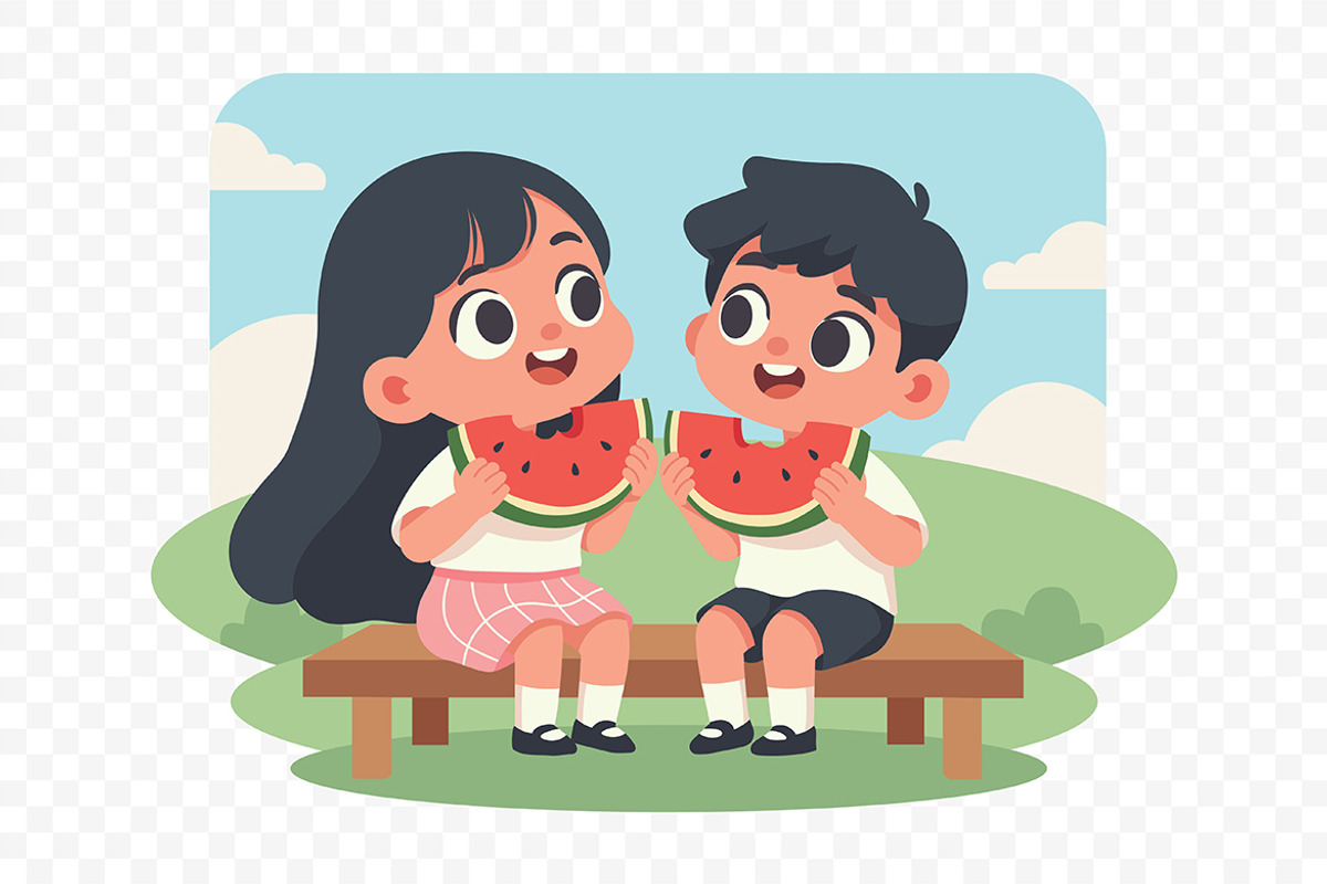 Joyful Kids Watermelon Snack Cartoon, a Food Illustration by Partikusi Design (Photo 3 of 3)