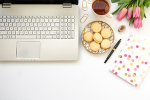 Modern flat lay styled desk mock up stock photo containing flat lay and modern