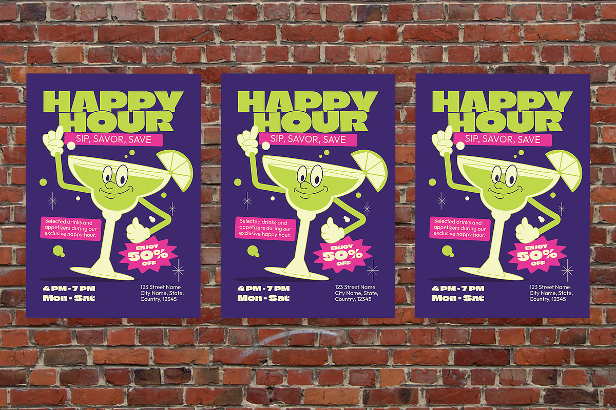 Retro Happy Hour Flyer Set, a Flyer Template by Aiyari Graphic (Photo 3 of 3)