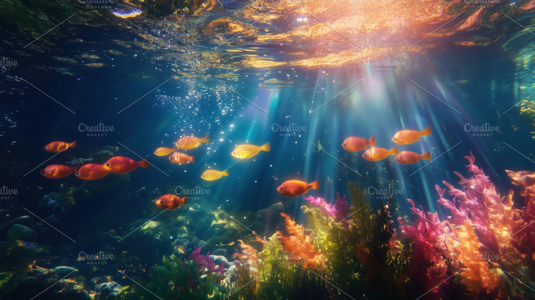 A vibrant underwater scene featuring schools of orange fish swimming amidst col, an Industrial Photo by Textures & Backgrounds