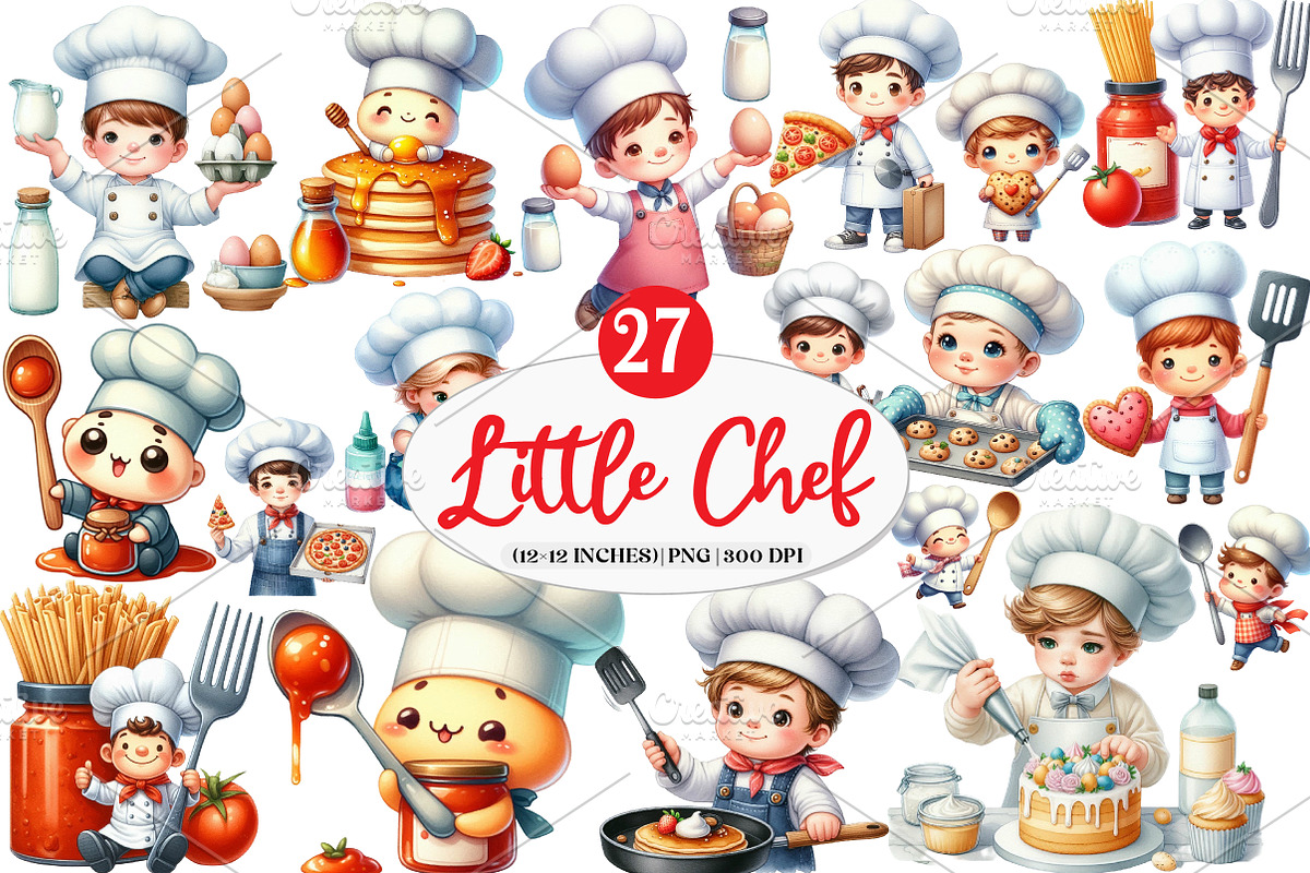 Cute Little Chef Clipart Cooking, an Illustration by Watercolor design (Photo 1 of 4)