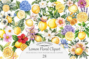 Watercolor Lemon Floral Clipart, an Illustration by Design Market