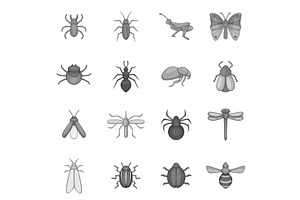 Insect Icons Set, Gray Monochrome