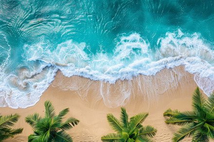 Turquoise waves roll onto a sandy be, a Photo by Tanuart