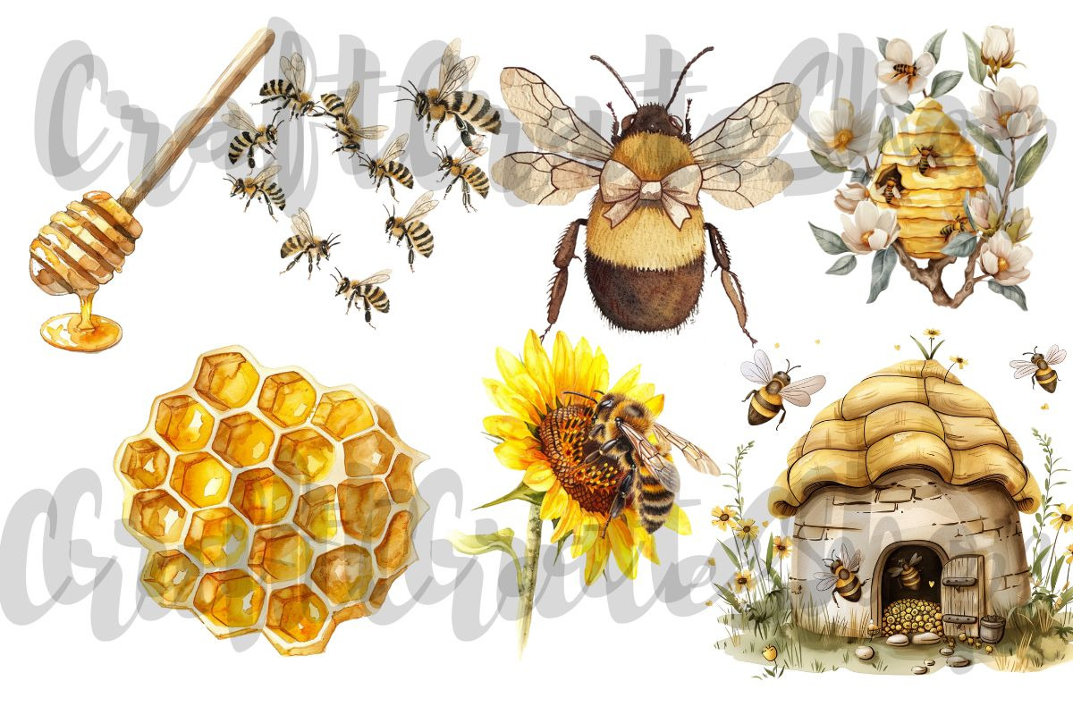 Watercolor Honey Bee Clipart, an Illustration by CraftCrateShop (Photo 3 of 4)