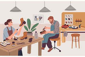 Shoe workshop. Craftsmen repair and, an Object Illustration by YummyBuum