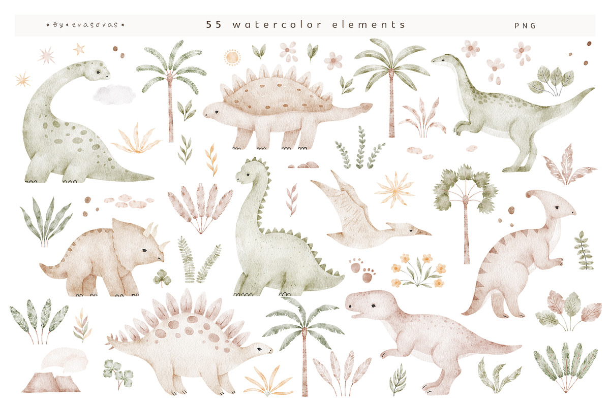 DINOSAURS watercolor set, an Animal Illustration by erasovas (Photo 2 of 10)