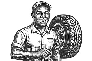 Tire Technician Mechanic Holding Car, a Person Illustration by AlexArt
