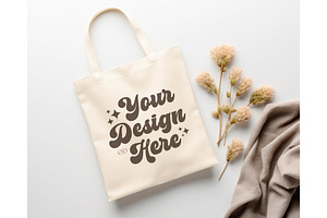 Natural Tote Bag Mockup, Flat Lay